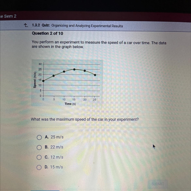 What was the maximum speed of the car in your experiment? O A. 25 m/s m O B. 22 m-example-1