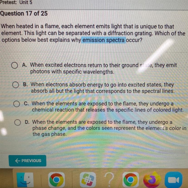 Need help asap When heated in a flame, each element emits light that is unique to-example-1