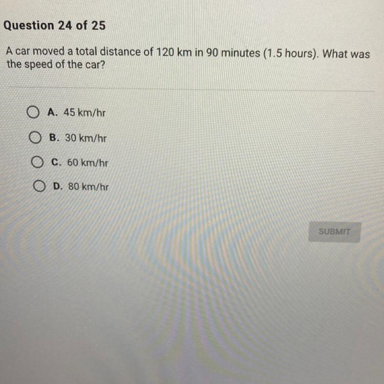 A car moved a total distance of 120 km in 90 minutes (1.5 hours). What was the speed-example-1