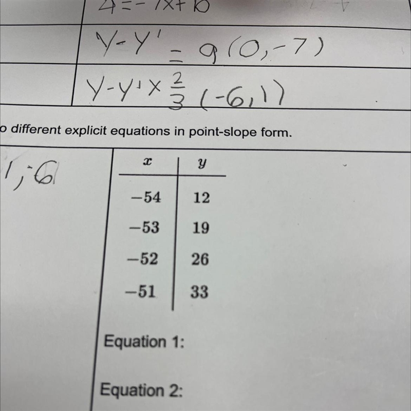 X -54 -53 -52 -51 Y 12 19 26 33 Equation 1: Equation 2:-example-1