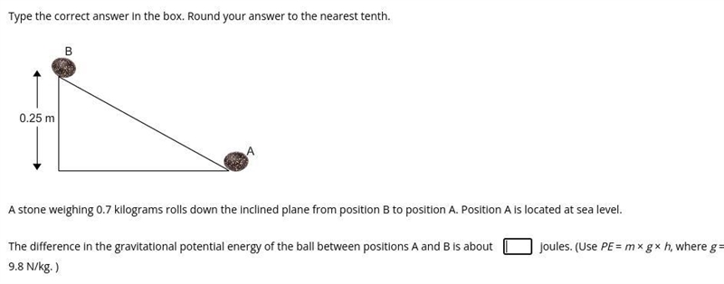 A stone weighing 0.7 kilograms rolls down the inclined plane from position B to position-example-1