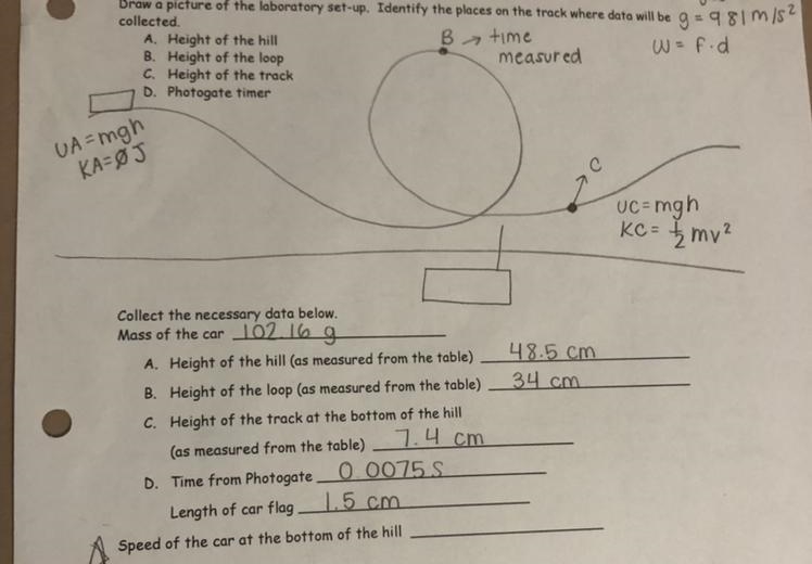 1) what is the potential energy at the end of the loop? 2)what is the kinetic energy-example-1