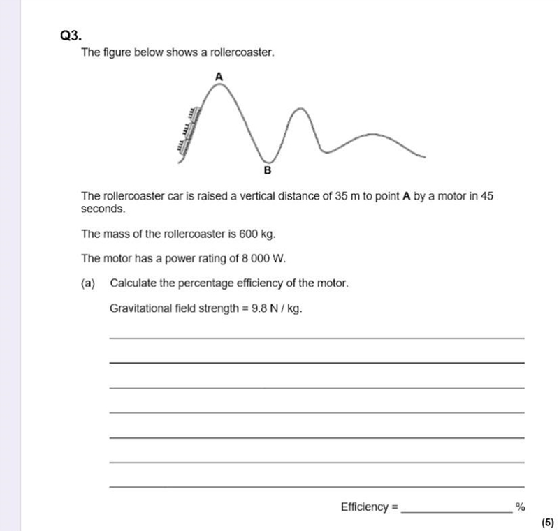 The rollercoaster is raised a vertical distance of 35m to point A by a motor in 45 seconds-example-1