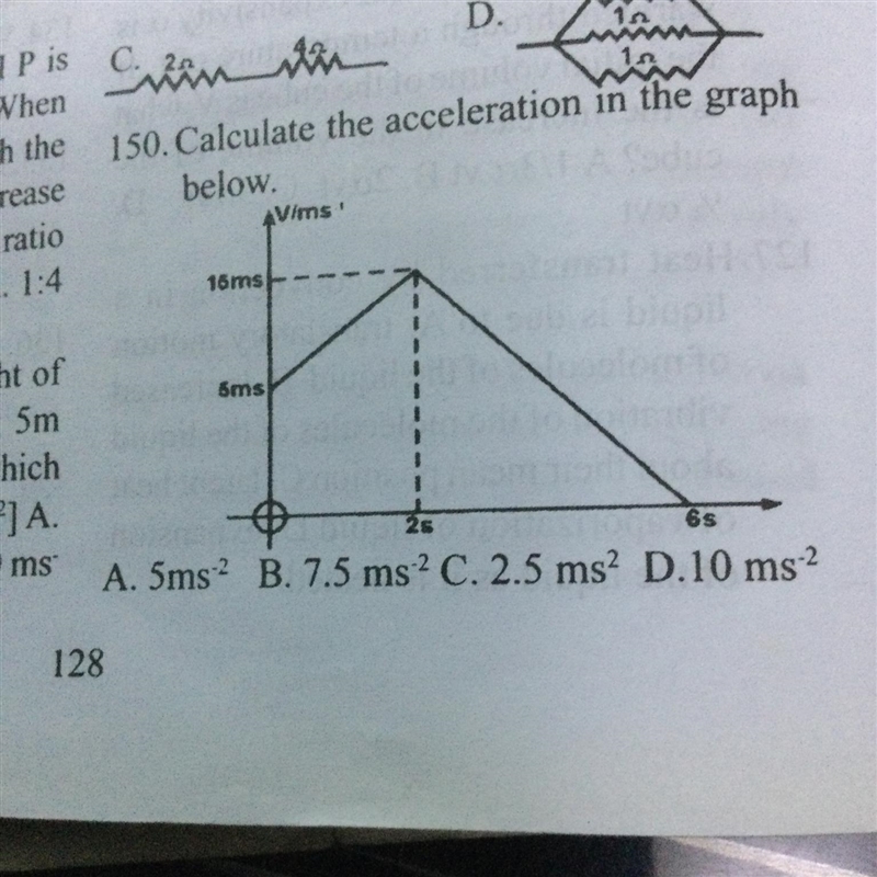 150. Calculate the acceleration in the graph below Vims 16ms sms as A. 5ms? B. 7.5 ms-example-1