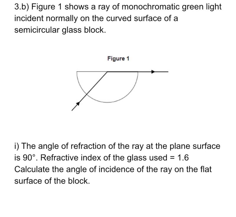 Calculate the angle of incidence of the ray on the flat surface of the block-example-1