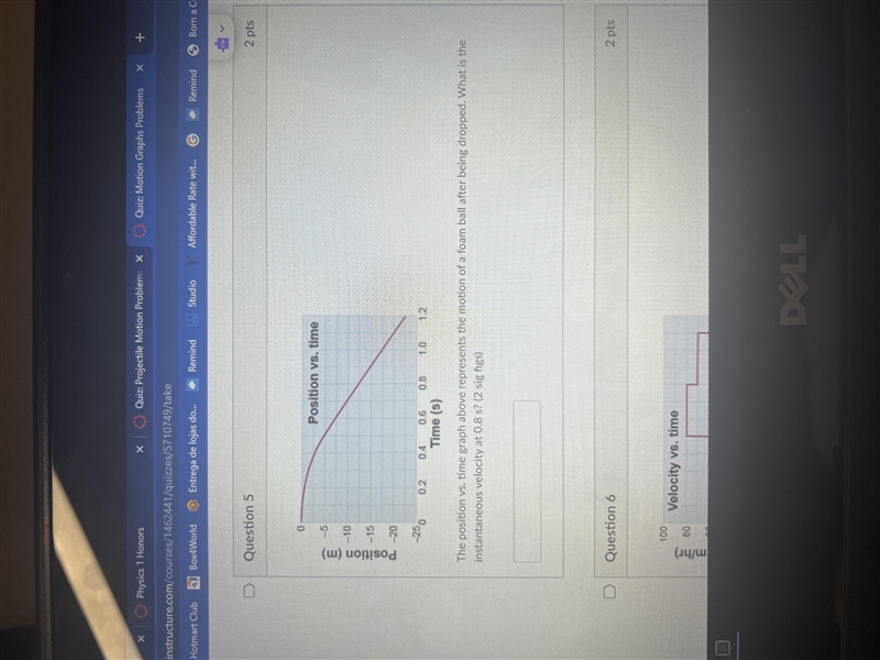 The position vs. time graph above represents the motion of a foam ball after being-example-1