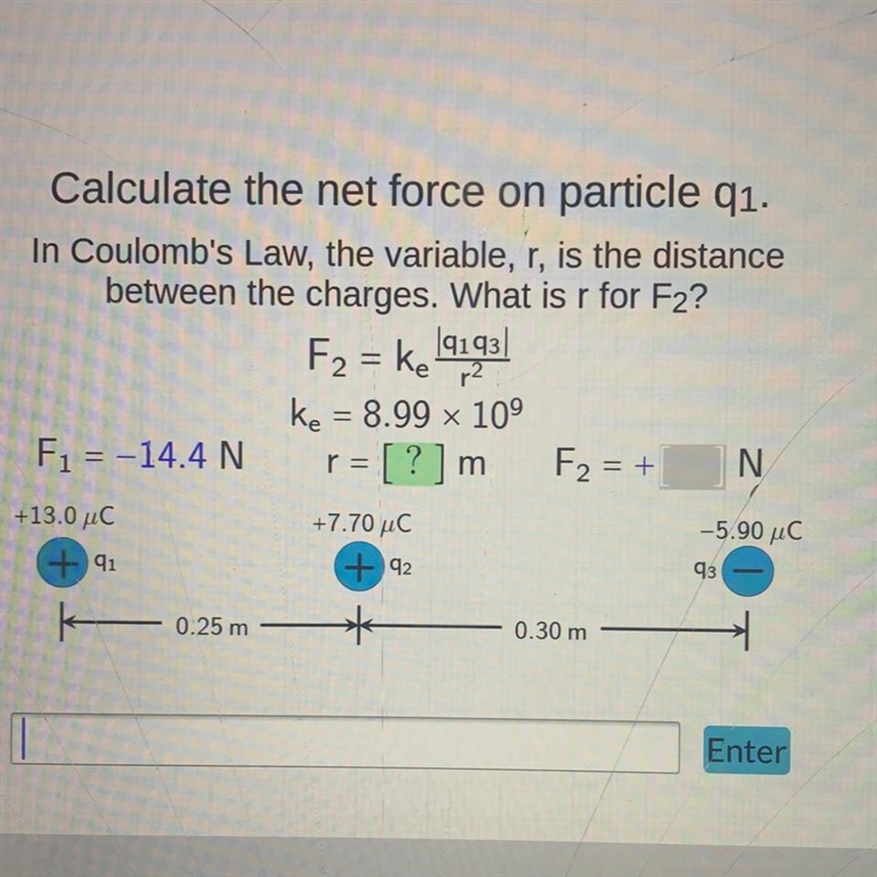 Calculate the net force on particle q1. In Coulomb's Law, the variable, r, is the-example-1