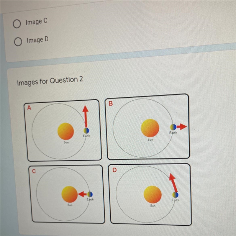 2) Which of the following images correctly depicts the direction of the Earth's velocity-example-1