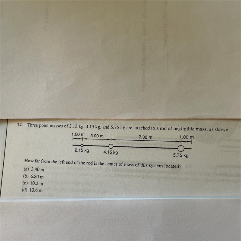 Three point masses of 2.15 kg, 4.15 kg, and 5.75 kg are attached to a rod of negligible-example-1