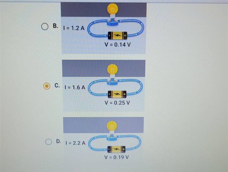 Which circuit would have the most electrical power? OA. A. 1 = 2.0 A = V = 0.17 V-example-1