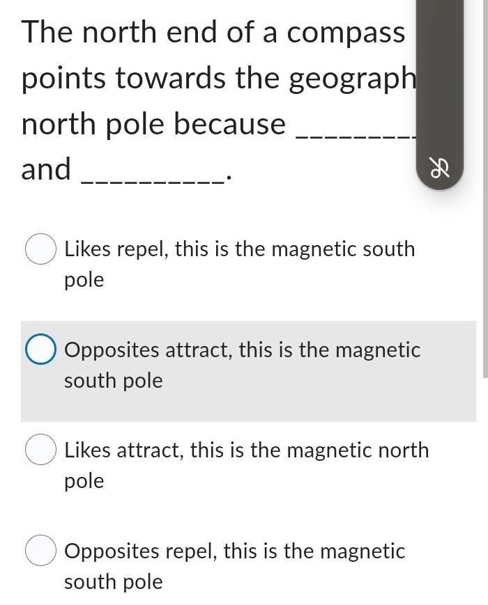 The north end of a compass points towards ​-example-1