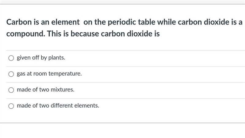 Carbon is an element on the periodic table while carbon dioxide is a compound. This-example-1