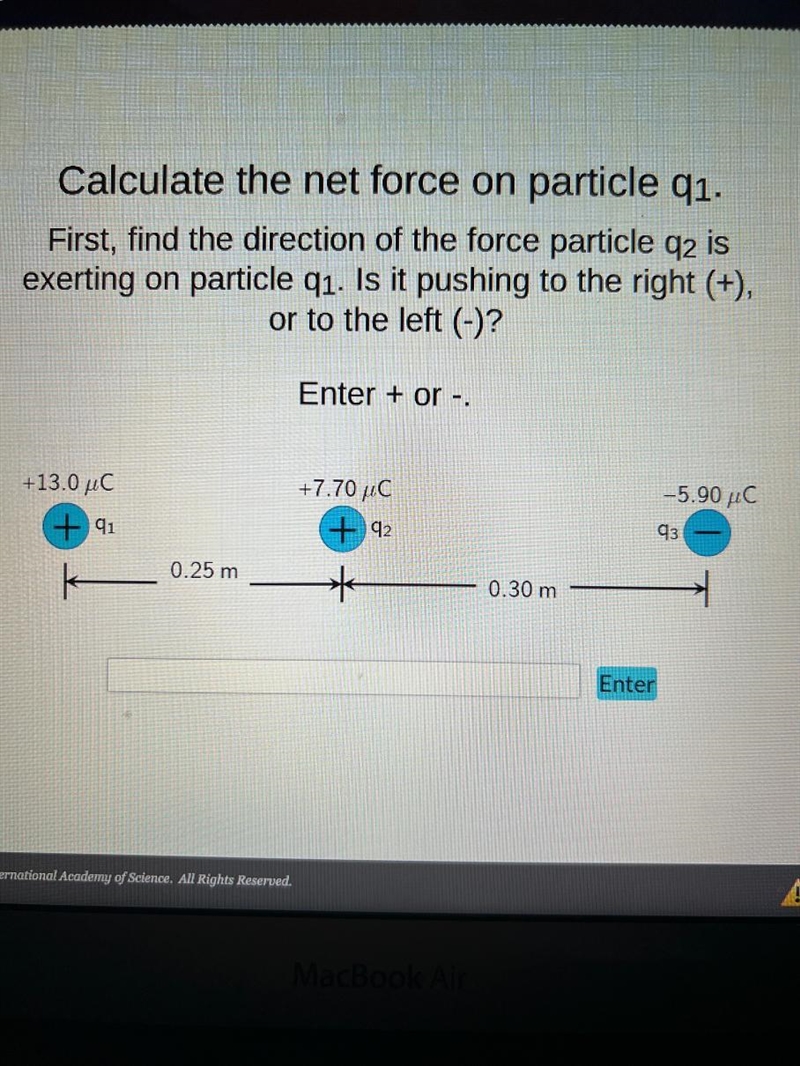 Calculate the net force on particle q₁.First, find the direction of the force particle-example-1