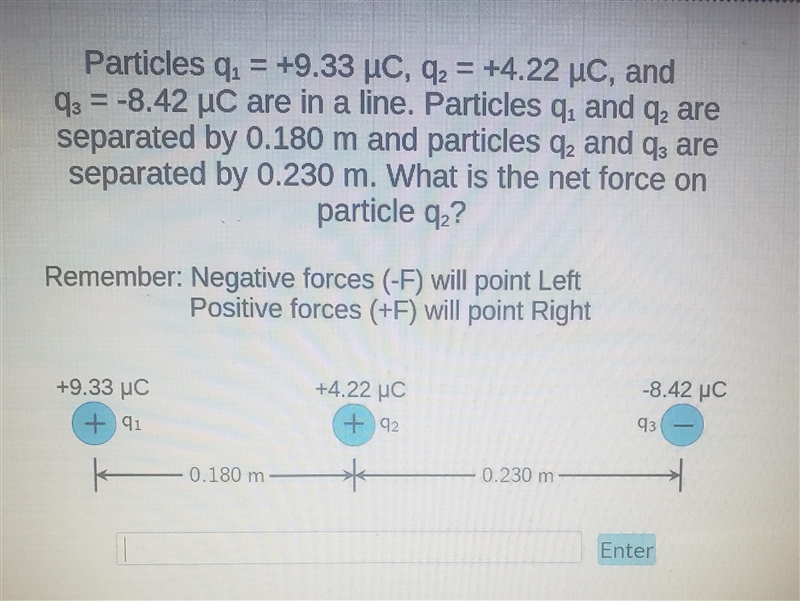 Particles q₁ = +9.33 µC, q₂ = +4.22 µC, and 93 = -8.42 µC are in a line. Particles-example-1