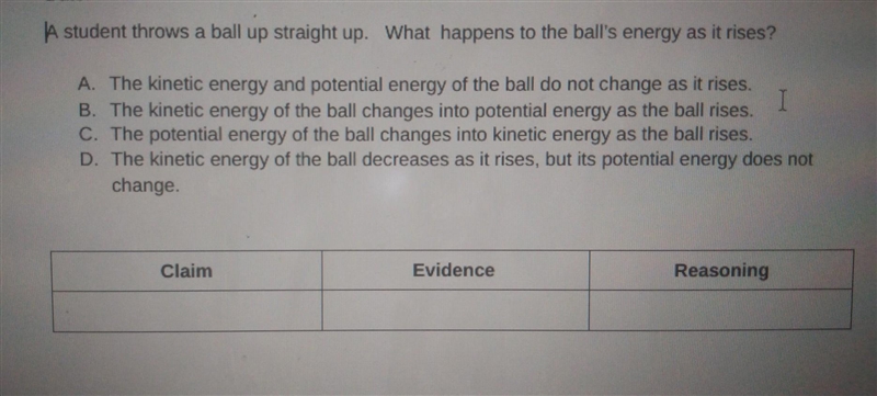 A student throws a ball up straight up. What happens to the ball's energy as it rises-example-1