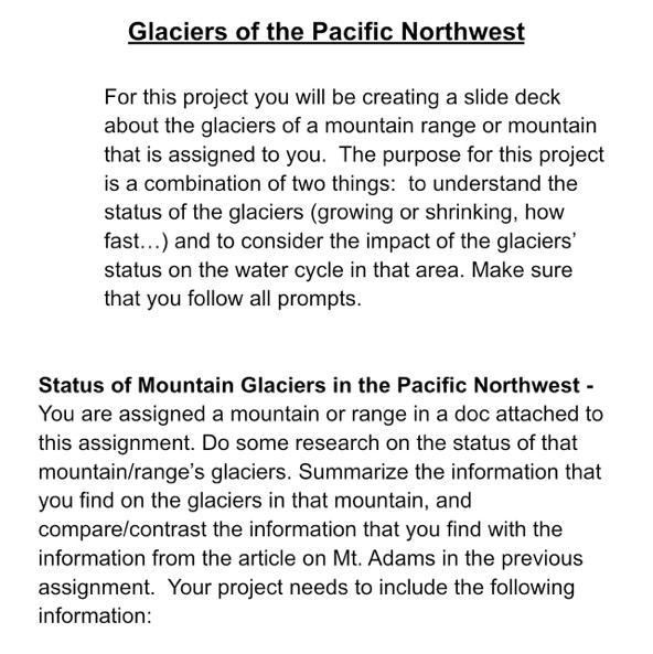 Im doing the MT. Thielson 1. Title slide 2. status of the glaciers (are they growing-example-1