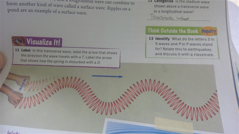 In this transverse wave, label the arrow that shows the direction the wave travels-example-1