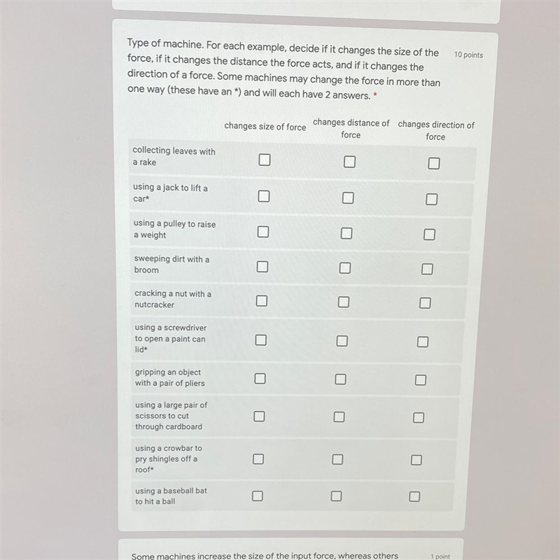 Type of machine. For each example, decide if it changes the size of the force, if-example-1