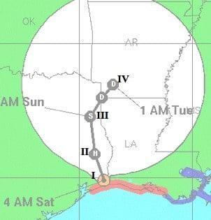 The image shows the cone forecast map of a hurricane. Four locations (I, II, III, IV-example-1