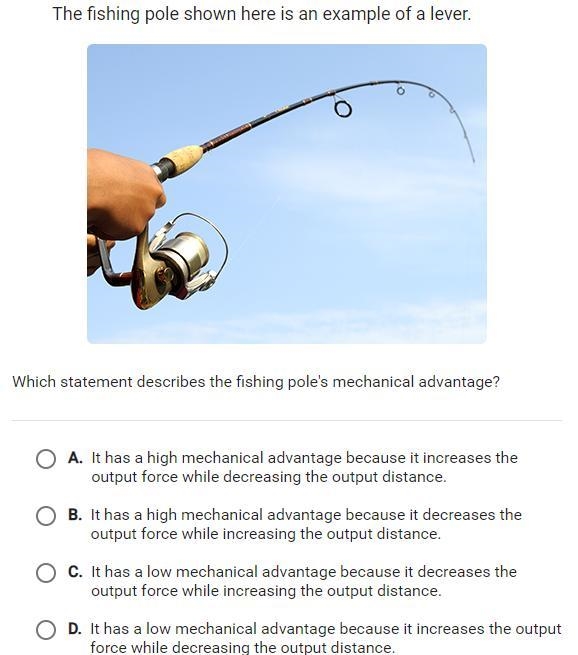 The fishing pole shown here is an example of a lever. Which statement describes the-example-1