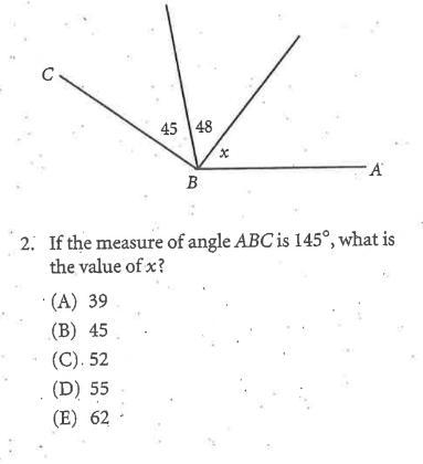 If the measure of angle ABC is 145 degrees, what is the value of x? (A) 39 (B) 45 (C-example-1