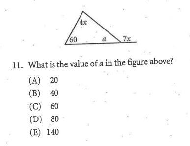 What is the value of a in the figure above? (A) 20 (B) 40 (C) 60 (D) 80 (E) 140-example-1