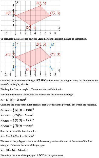 Identify the area of the polygon that has vertices A (0, 3), B (5, 5), C (7, 3), and-example-1