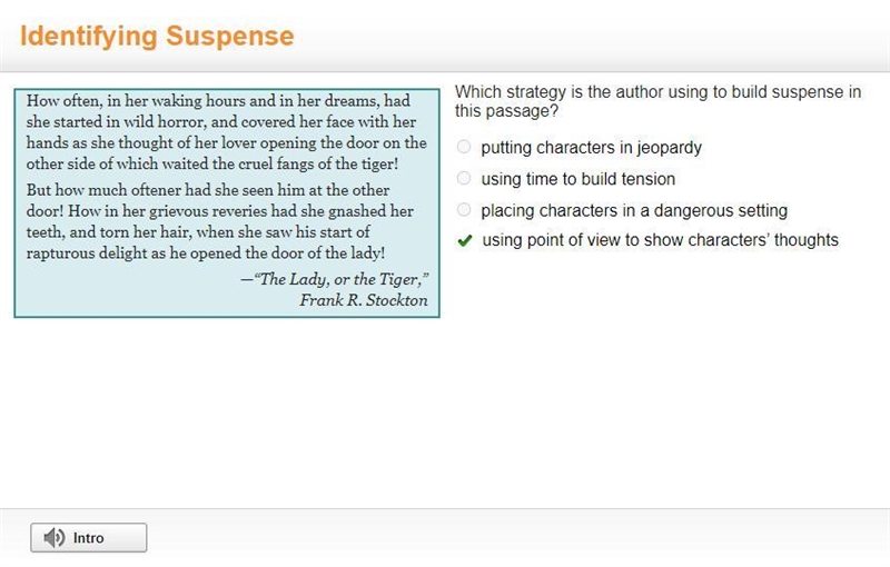 Which strategy is the author using to build suspense in this passage? putting characters-example-1