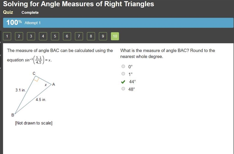 What is the measure of angle bac? round to the nearest whole degree. 0° 1° 44° 48°.-example-1