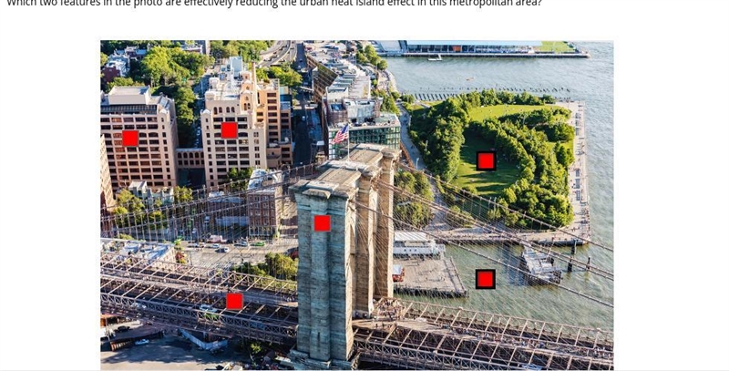 Which two features in the photo are effectively reducing the urban heat island effect-example-1