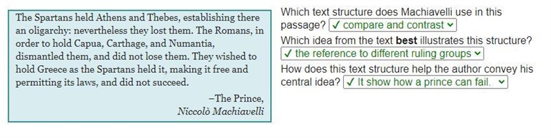 Which text structure does machiavelli use in this passage? which idea from the text-example-1