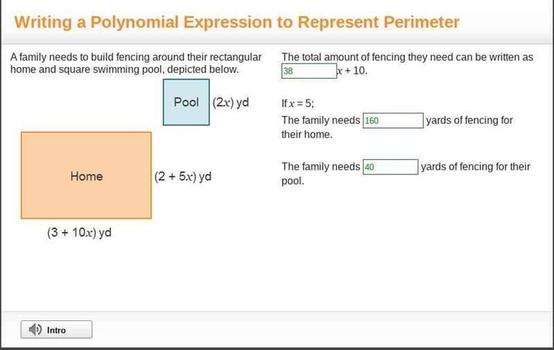 The total amount of fencing they need can be written as x + 10. If x = 5; the family-example-1