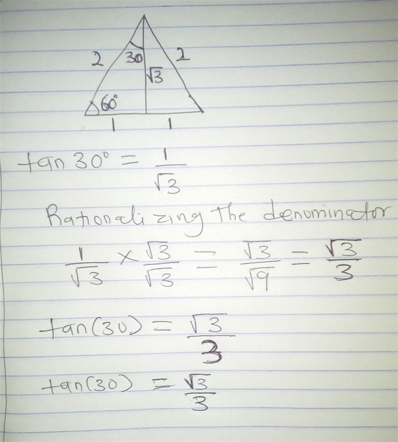 What is the exact value of tan 30°? enter your answer, as a simplified fraction, by-example-1