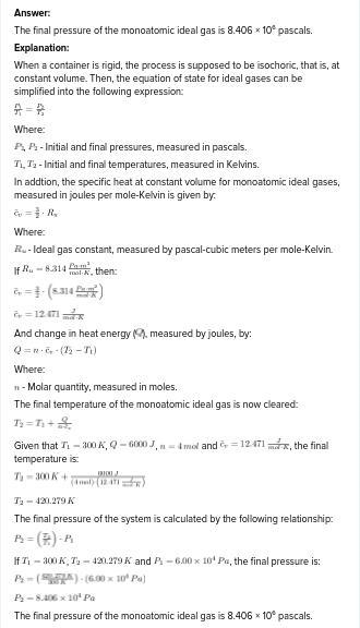 A rigid container holds 4. 00 mol of a monatomic ideal gas that has temperature 300 k-example-1