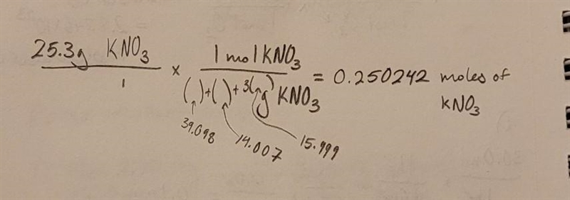 How many moles are in 25. 3 g of a sample of potassium nitrate (kno3)?.-example-1