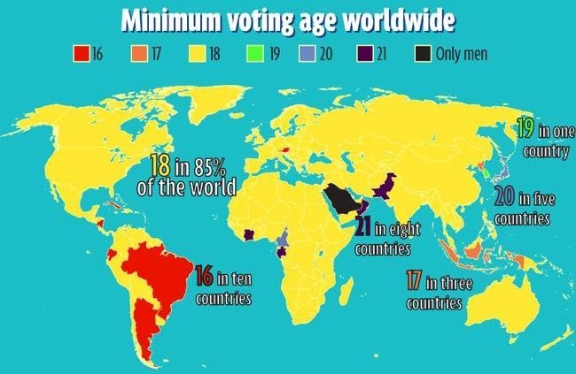 Based on the map, what is one difference between voting requirements in most of Latin-example-1