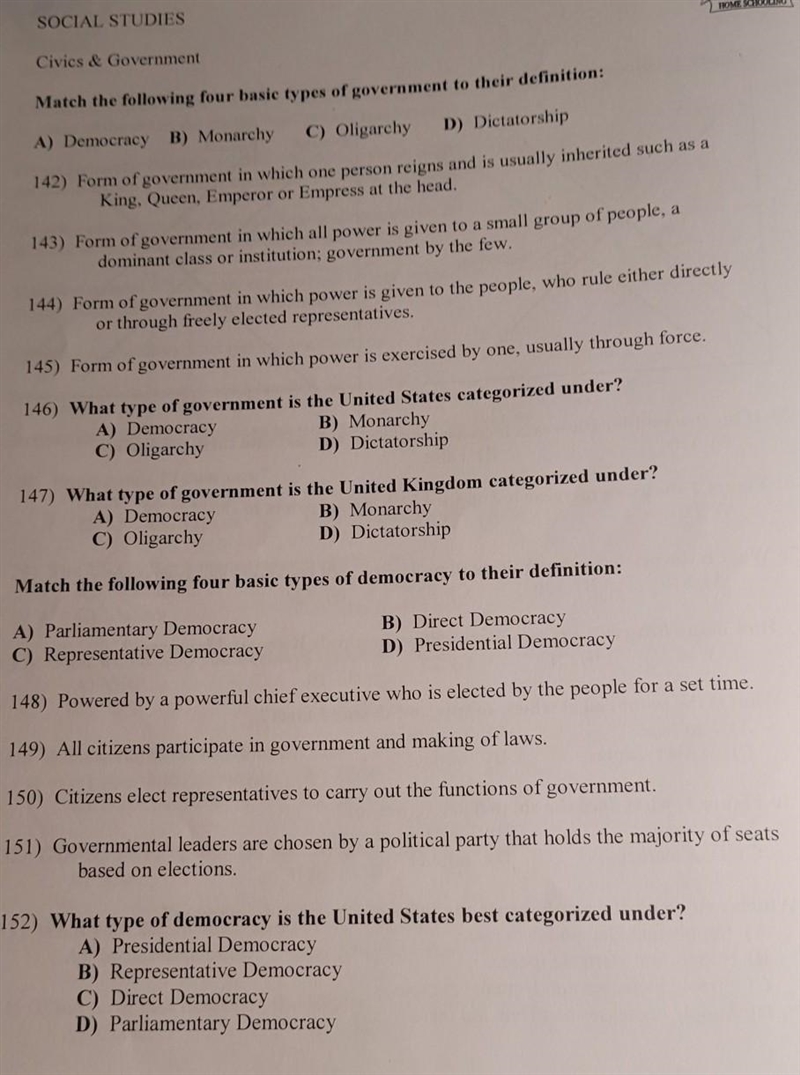 Match the following four basic types of government to their definition: A) Democracy-example-1