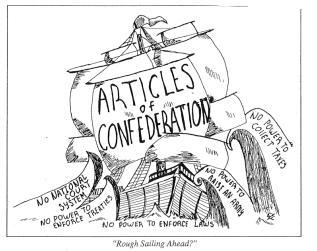 Based on this cartoon, identify two problems with the Articles of Confederation. Based-example-1