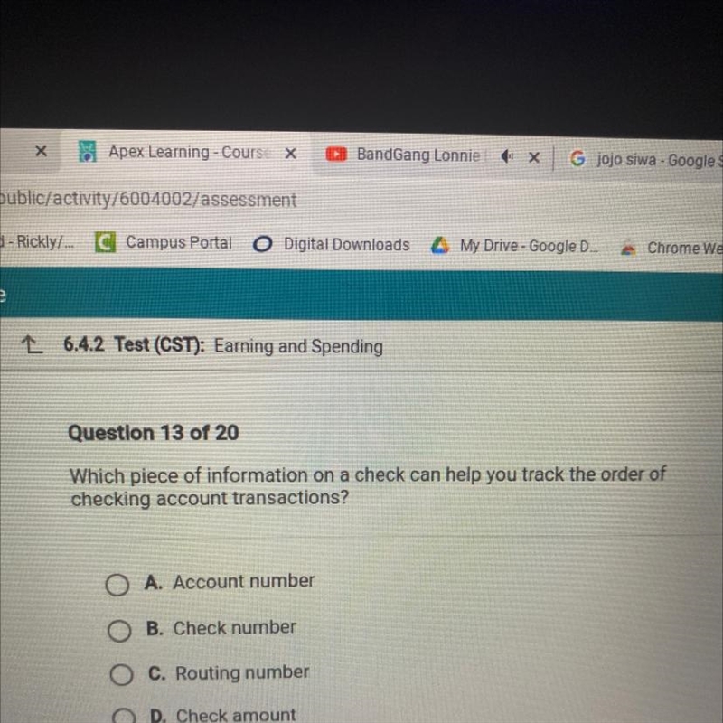 Question 13 of 20 Which piece of information on a check can help you track the order-example-1