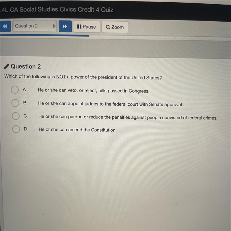 Which of the following is NOT a power of the president of the United States? A He-example-1