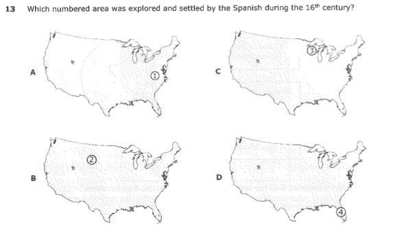 Which numbered area was explored and settled by the Spanish during the 16th century-example-1