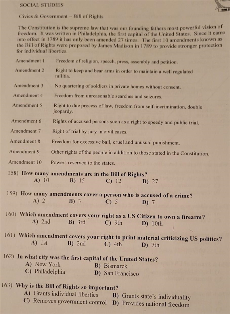 Why is the Bill of Rights so important? A) Grants individual liberties B) Grants state-example-1