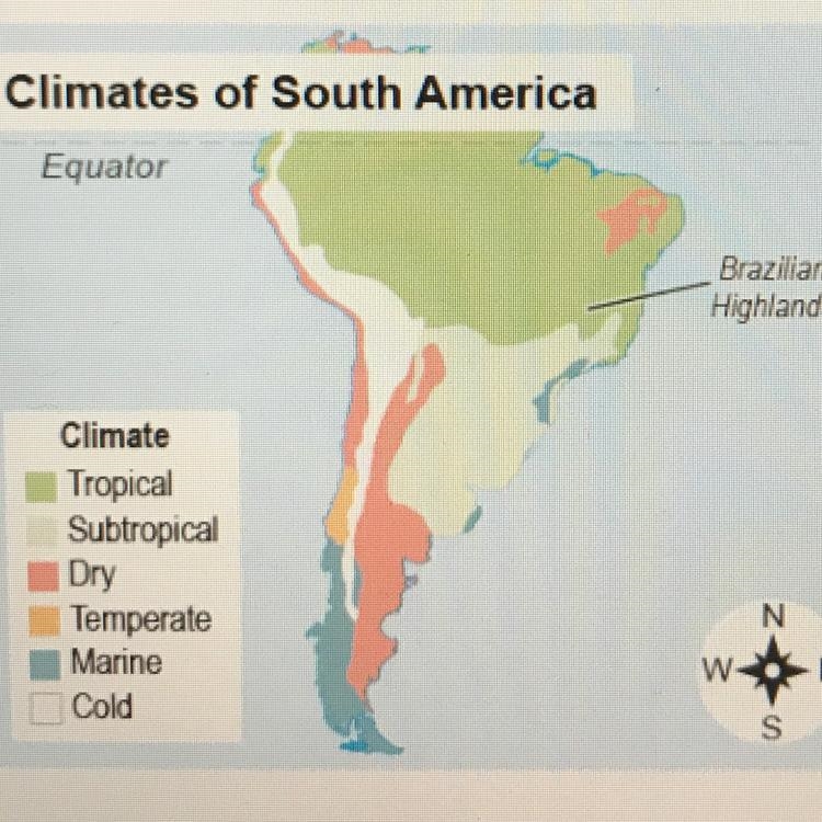 What kind of climate is found north of the Brazilian Highlands? O cold O marine O-example-1