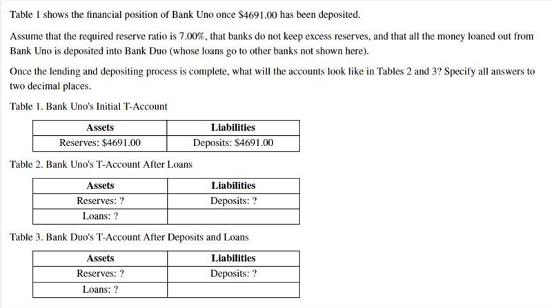 Table 1 shows the financial position of Bank Uno once $ 4691.00 has been deposited-example-1