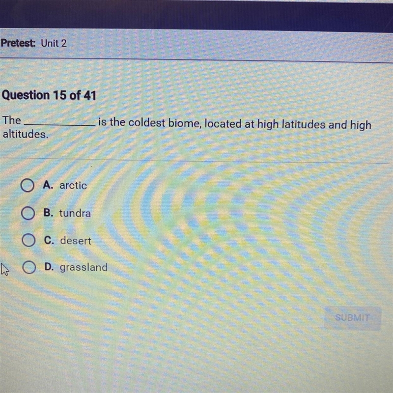 The altitudes. is the coldest biome, located at high latitudes and high A. arctic-example-1