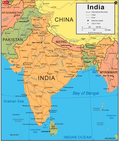 Using this map- What is the capital city of India? What 3 countries are south of India-example-1