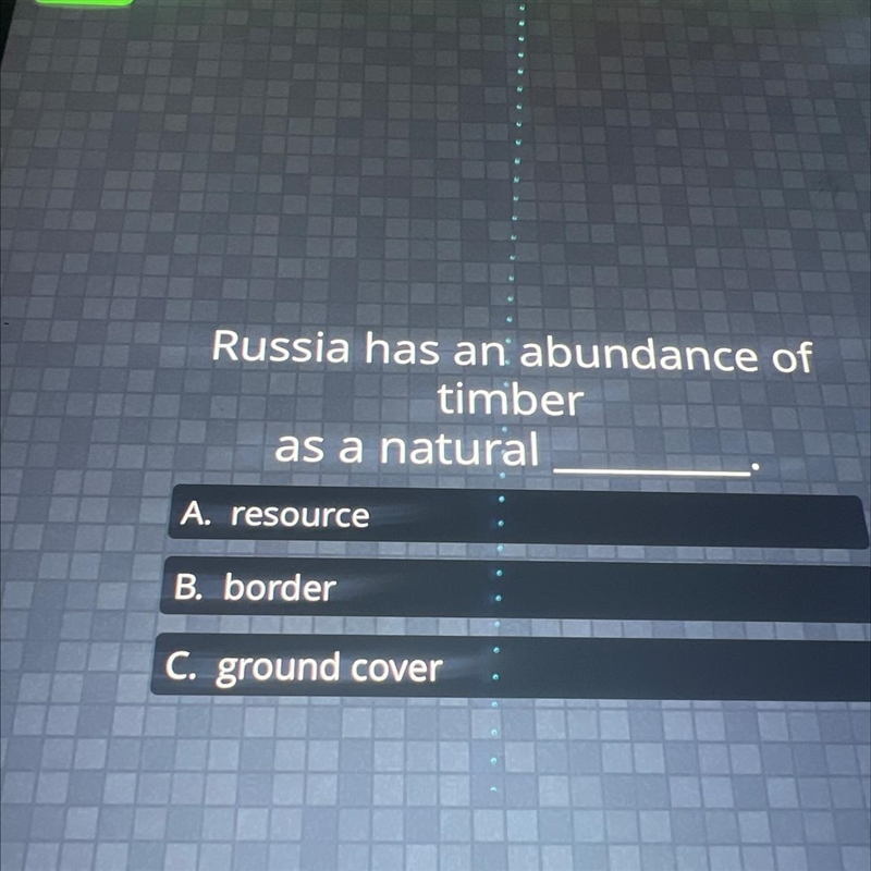 Russia has an abundance of timber as a natural A. resource B. border C. ground cover-example-1