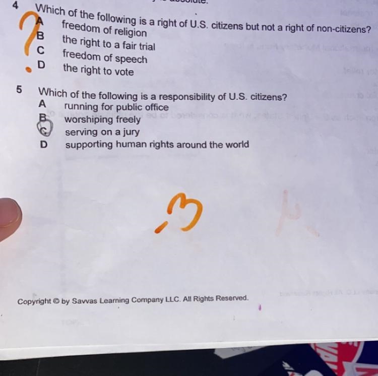 Which of the following is a right of US citizens but not a right of non-citizens?-example-1