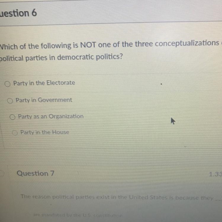 Which of the following is NOT one of the three conceptualizations of political parties-example-1