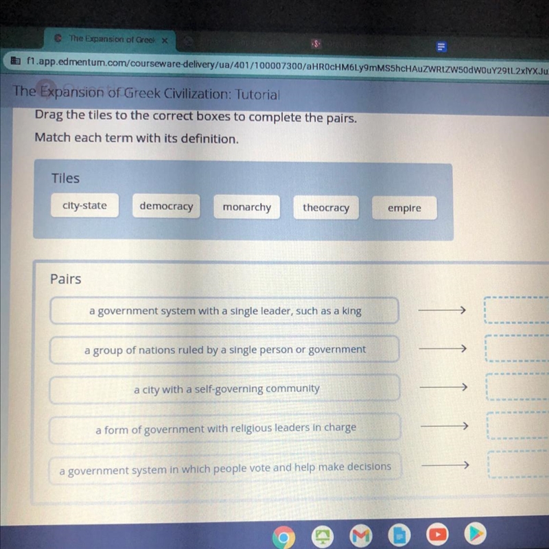 Match each term with its definition. Tiles city-state democracy monarchy theocracy-example-1